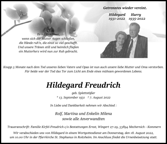 Anzeige von Hildegard Freudrich von  Blickpunkt Euskirchen 