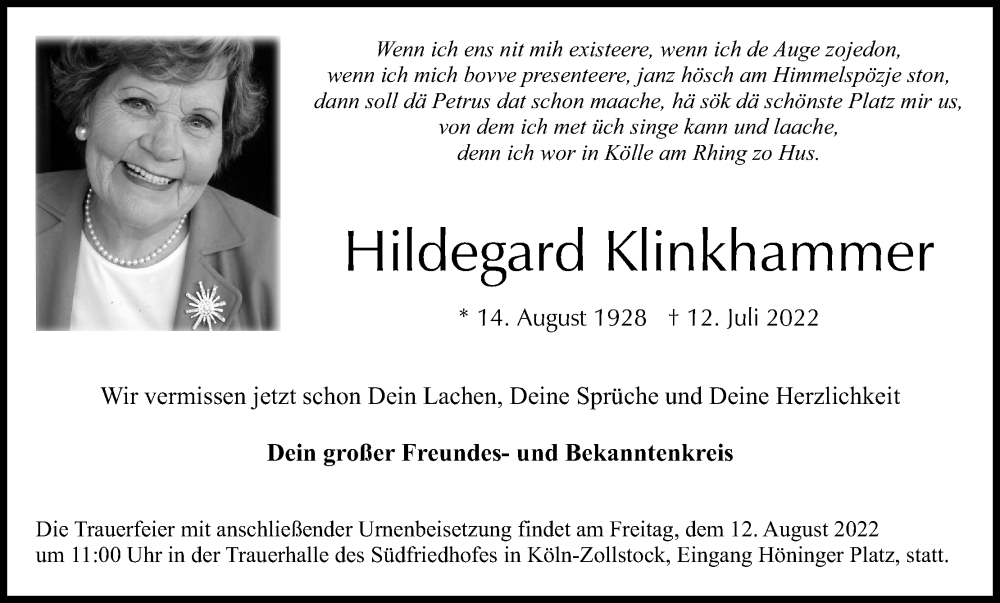  Traueranzeige für Hildegard Klinkhammer vom 06.08.2022 aus Kölner Stadt-Anzeiger / Kölnische Rundschau / Express