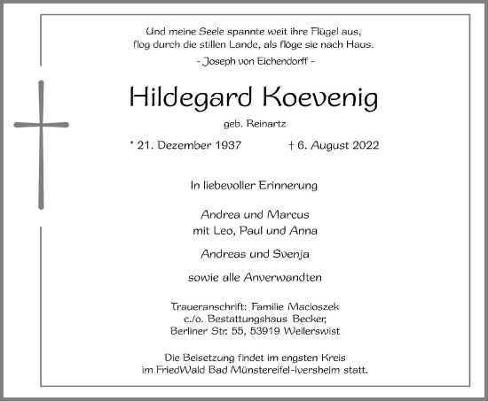 Anzeige von Hildegard Koevenig von  Blickpunkt Euskirchen 