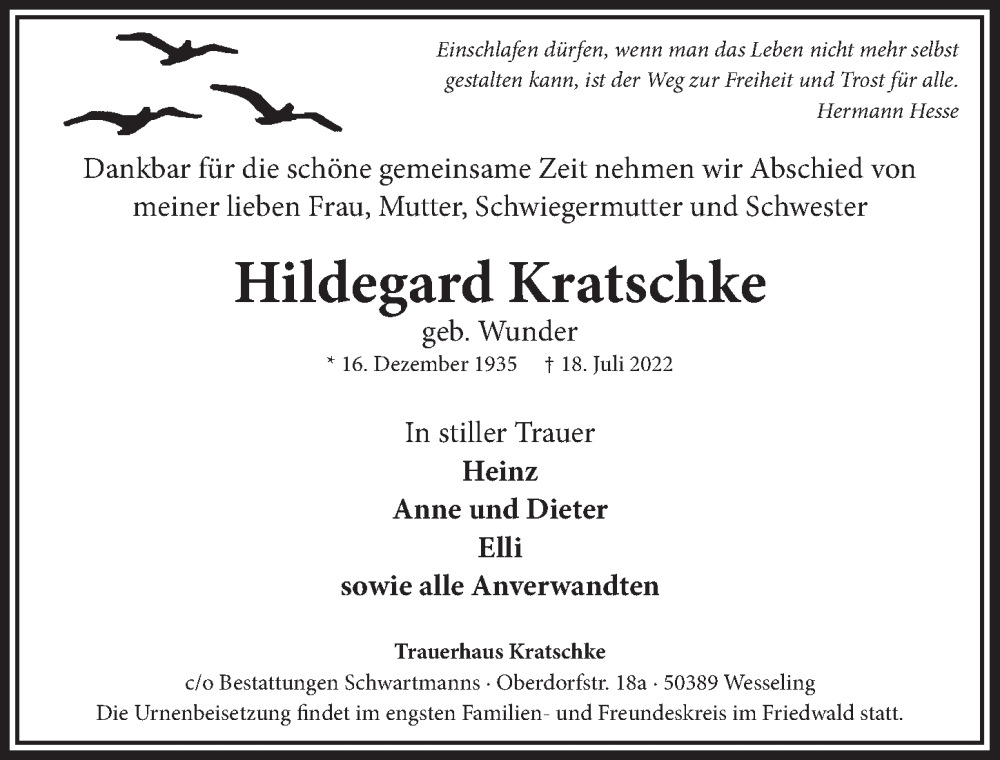  Traueranzeige für Hildegard Kratschke vom 05.08.2022 aus  Schlossbote/Werbekurier 