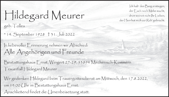 Anzeige von Hildegard Meurer von  Blickpunkt Euskirchen 