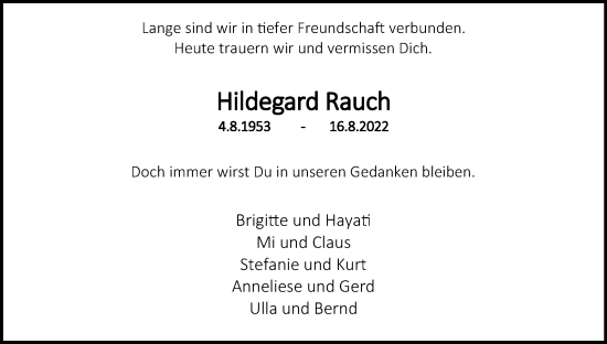 Anzeige von Hildegard Rauch von Kölner Stadt-Anzeiger / Kölnische Rundschau / Express