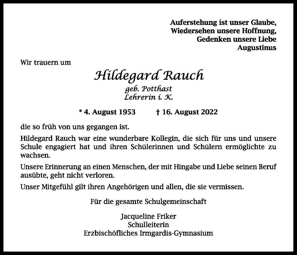  Traueranzeige für Hildegard Rauch vom 27.08.2022 aus Kölner Stadt-Anzeiger / Kölnische Rundschau / Express