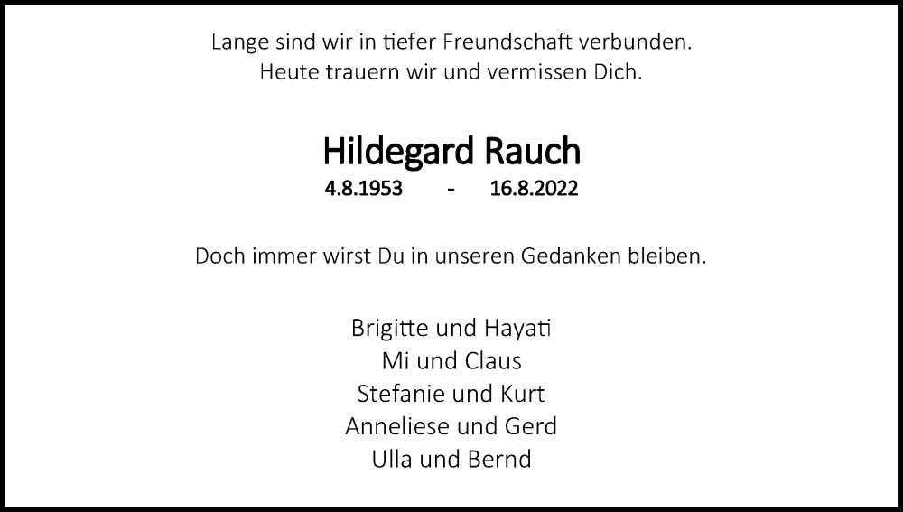  Traueranzeige für Hildegard Rauch vom 20.08.2022 aus Kölner Stadt-Anzeiger / Kölnische Rundschau / Express