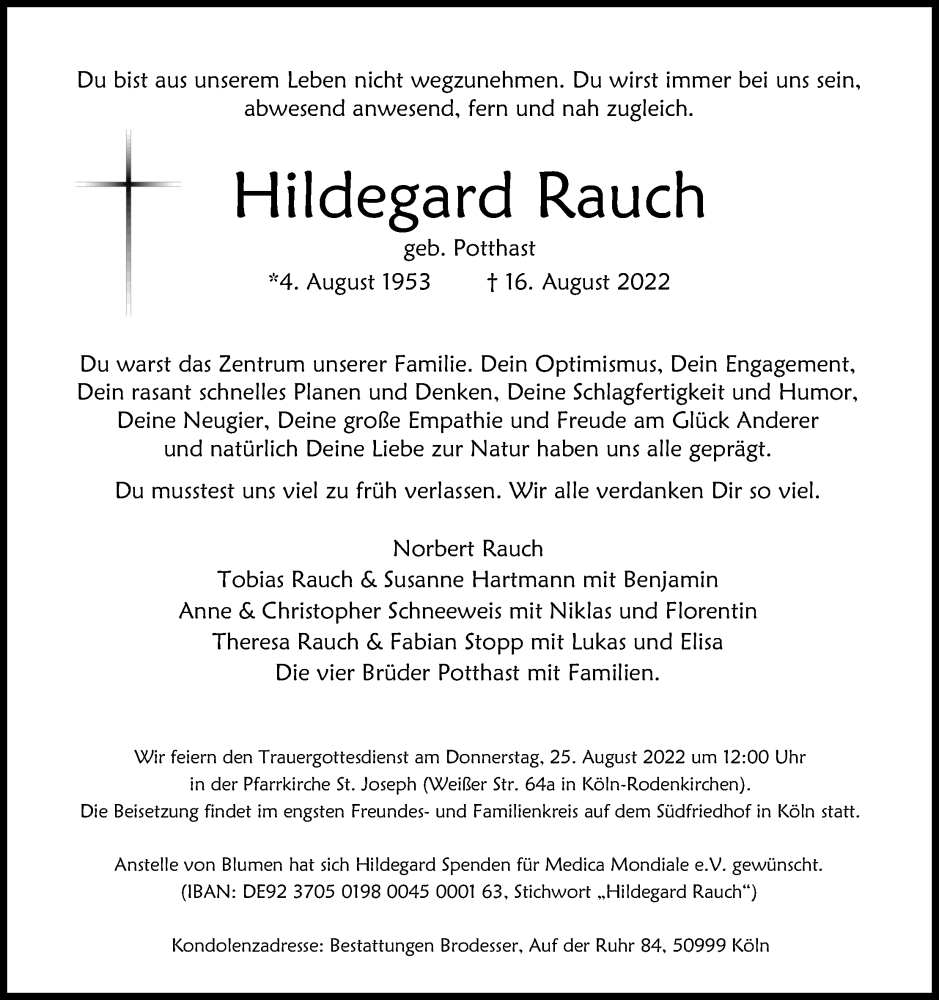  Traueranzeige für Hildegard Rauch vom 20.08.2022 aus Kölner Stadt-Anzeiger / Kölnische Rundschau / Express