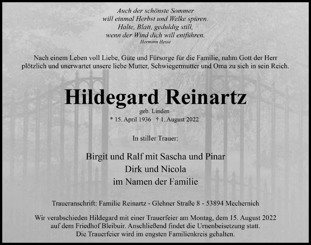  Traueranzeige für Hildegard Reinartz vom 13.08.2022 aus  Blickpunkt Euskirchen 