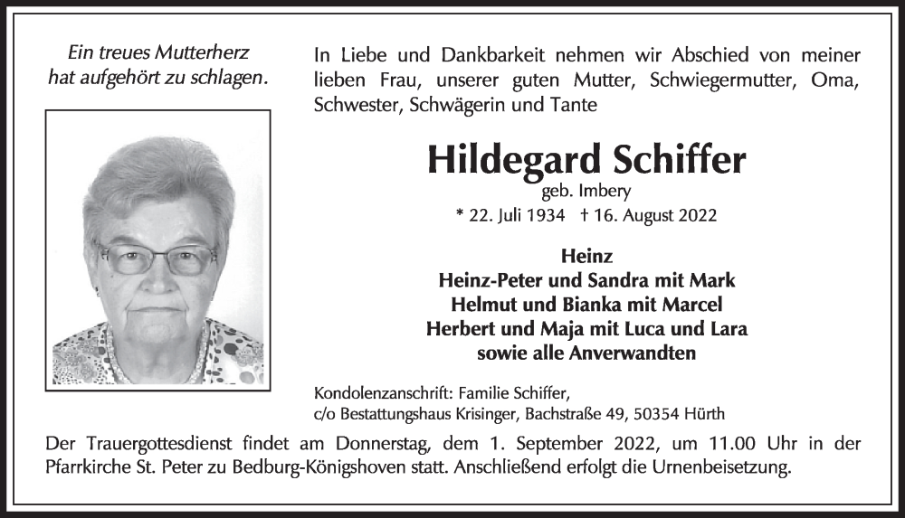  Traueranzeige für Hildegard Schiffer vom 26.08.2022 aus  Werbepost 