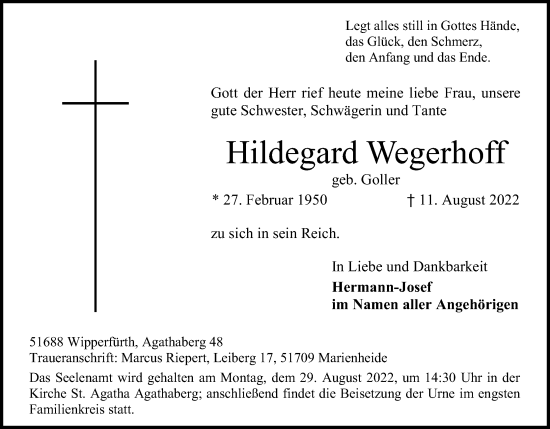 Anzeige von Hildegard Wegerhoff von Kölner Stadt-Anzeiger / Kölnische Rundschau / Express