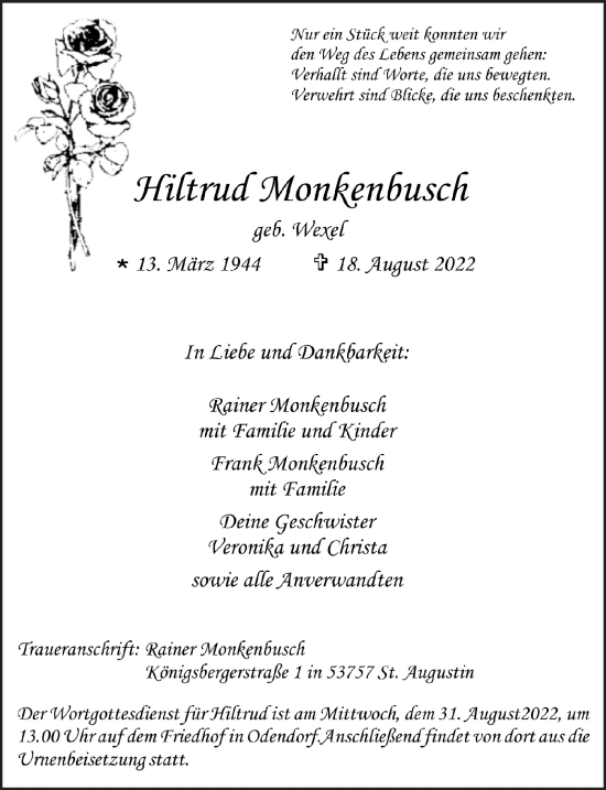 Anzeige von Hiltrud Monkenbusch von  Schaufenster/Blickpunkt 