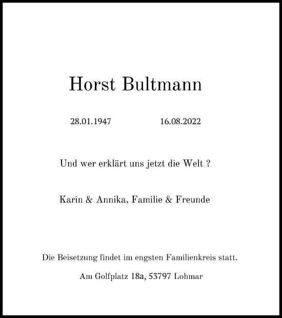 Anzeige von Horst Bultmann von Kölner Stadt-Anzeiger / Kölnische Rundschau / Express