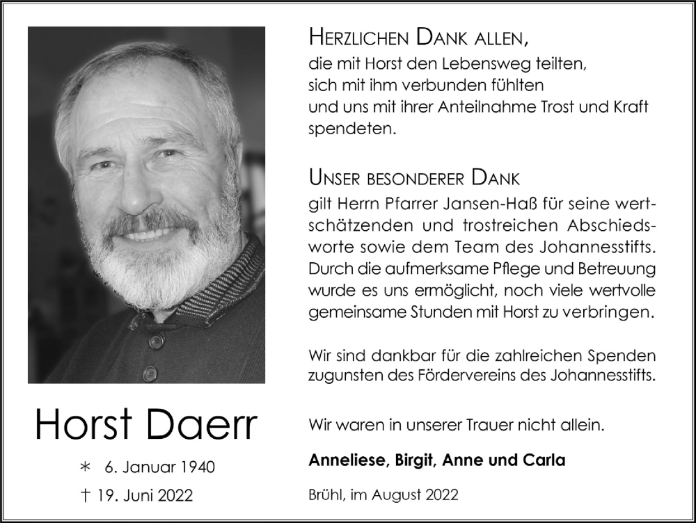  Traueranzeige für Horst Daerr vom 05.08.2022 aus  Schlossbote/Werbekurier 