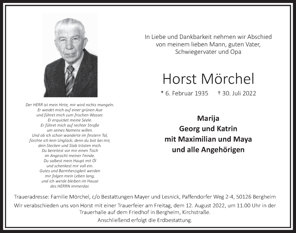  Traueranzeige für Horst Mörchel vom 05.08.2022 aus  Werbepost 