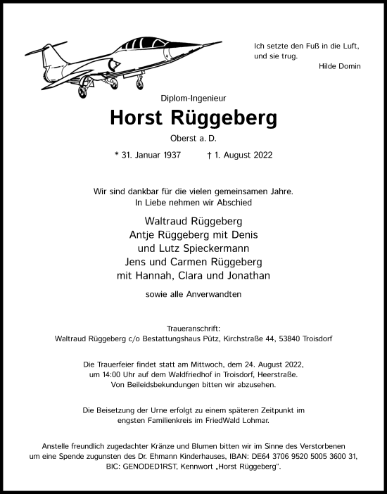 Anzeige von Horst Rüggeberg von Kölner Stadt-Anzeiger / Kölnische Rundschau / Express