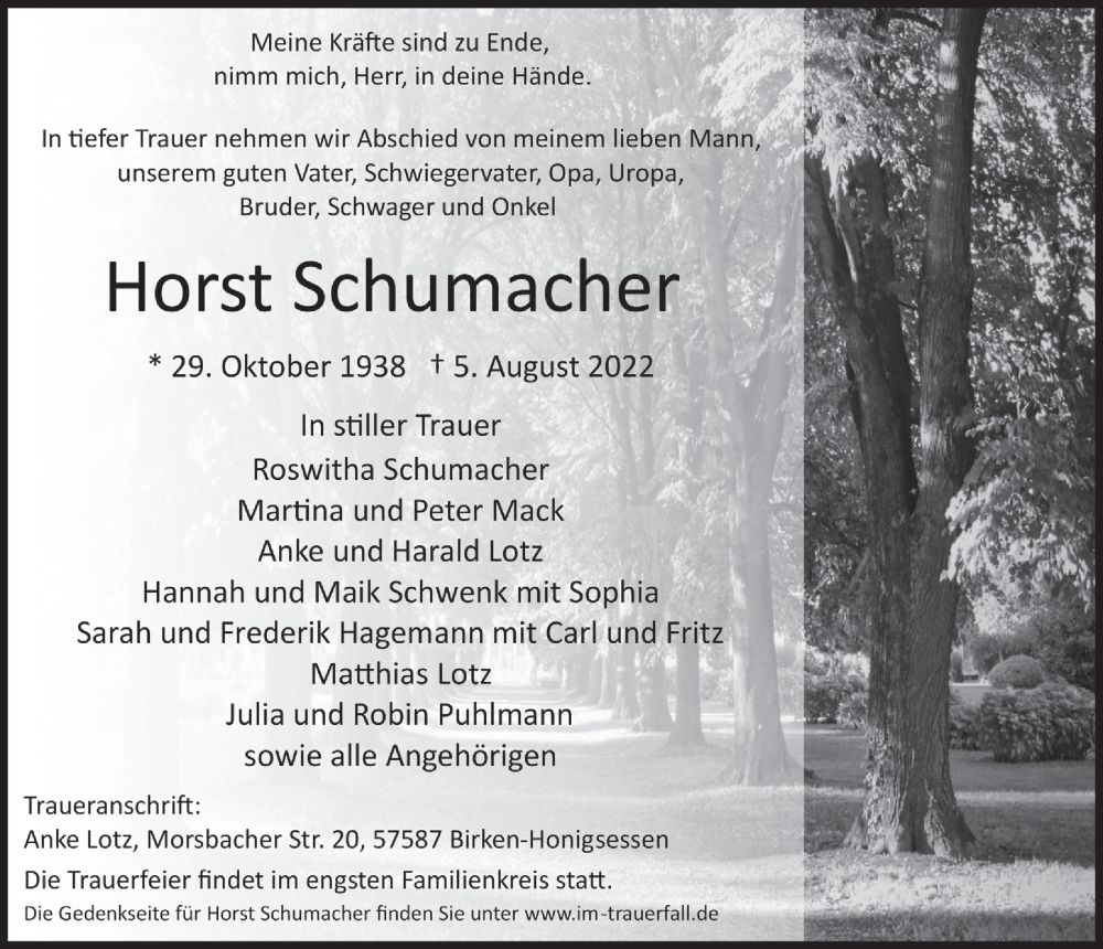  Traueranzeige für Horst Schumacher vom 12.08.2022 aus  Lokalanzeiger 