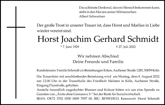 Anzeige von Horst Joachim Gerhard Schmidt von Kölner Stadt-Anzeiger / Kölnische Rundschau / Express