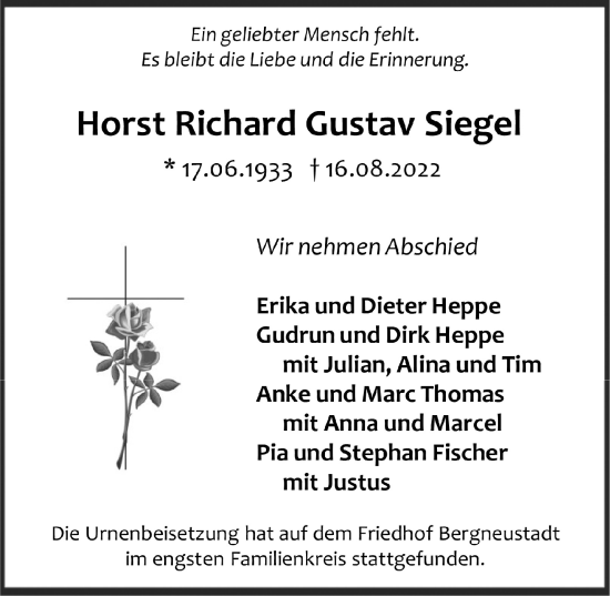 Anzeige von Horst Richard Gustav Siegel von  Anzeigen Echo 