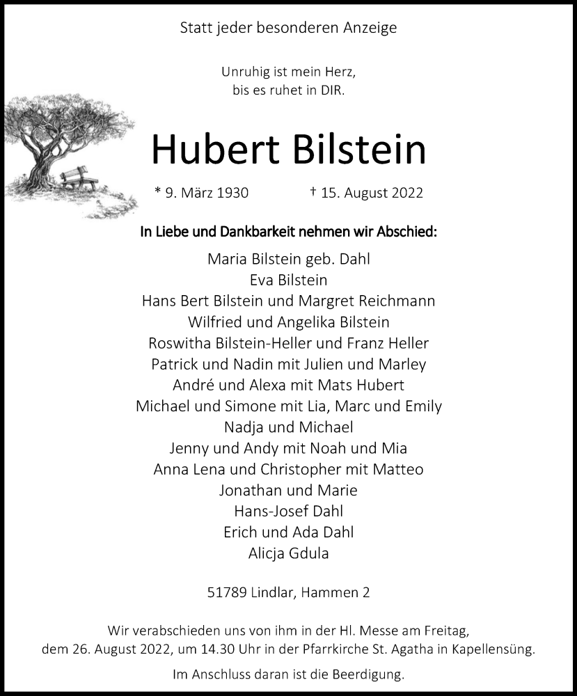  Traueranzeige für Hubert Bilstein vom 20.08.2022 aus Kölner Stadt-Anzeiger / Kölnische Rundschau / Express
