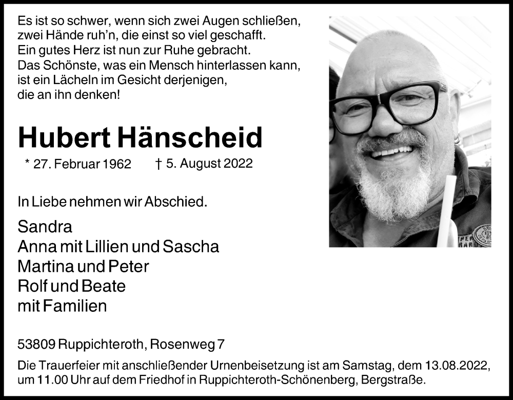  Traueranzeige für Hubert Hänscheid vom 09.08.2022 aus Kölner Stadt-Anzeiger / Kölnische Rundschau / Express