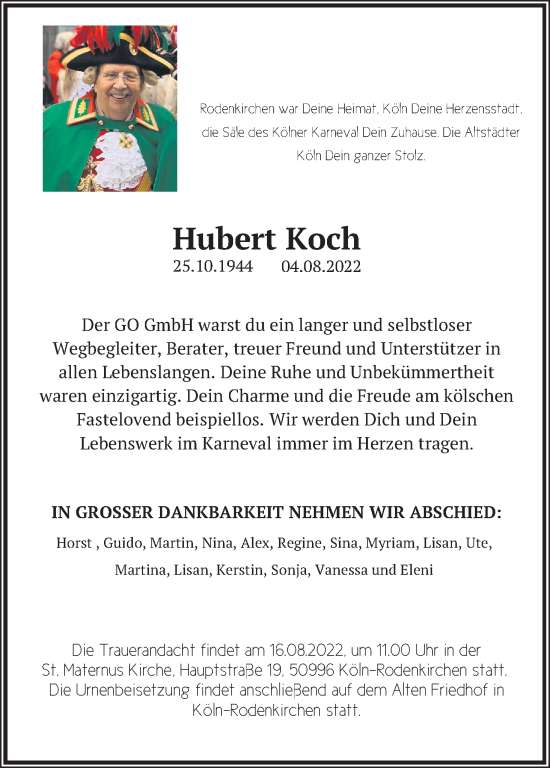 Anzeige von Hubert Koch von Kölner Stadt-Anzeiger / Kölnische Rundschau / Express