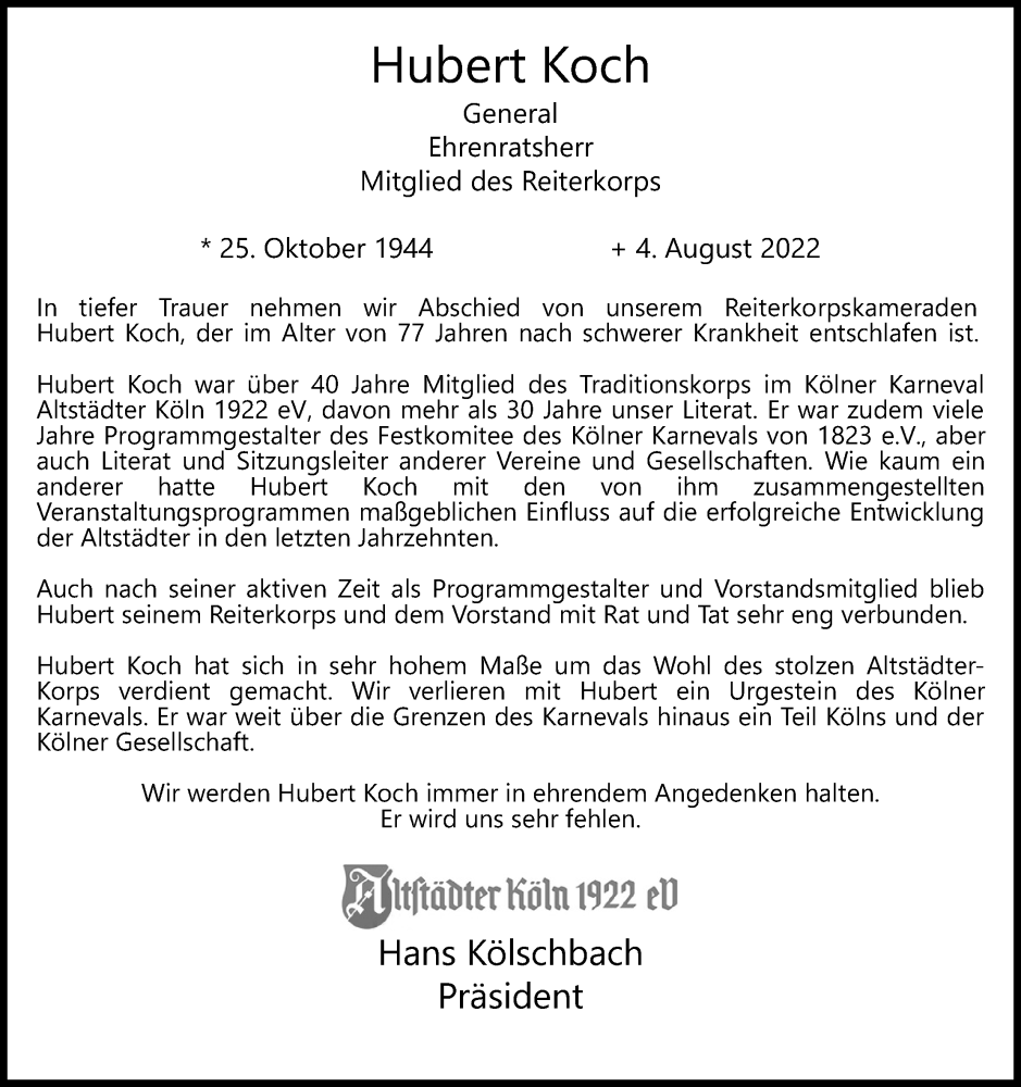  Traueranzeige für Hubert Koch vom 13.08.2022 aus Kölner Stadt-Anzeiger / Kölnische Rundschau / Express