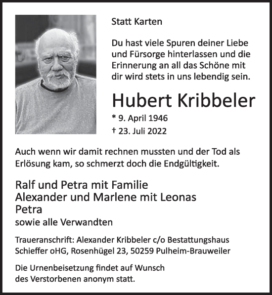 Anzeige von Hubert Kribbeler von  Werbepost 