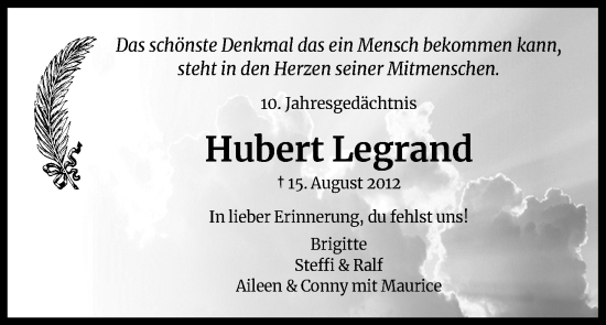 Anzeige von Hubert Legrand von Kölner Stadt-Anzeiger / Kölnische Rundschau / Express