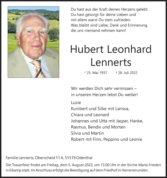 Anzeige von Hubert Lennerts von Kölner Stadt-Anzeiger / Kölnische Rundschau / Express