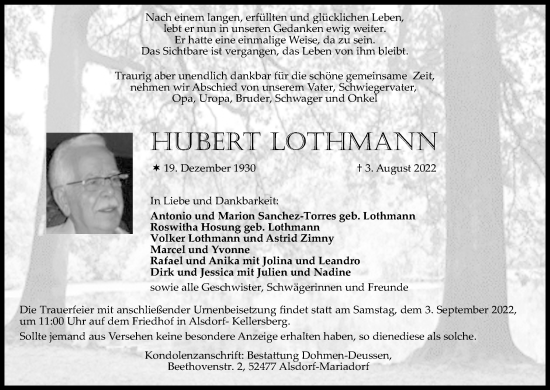 Anzeige von Hubert Lothmann von Kölner Stadt-Anzeiger / Kölnische Rundschau / Express