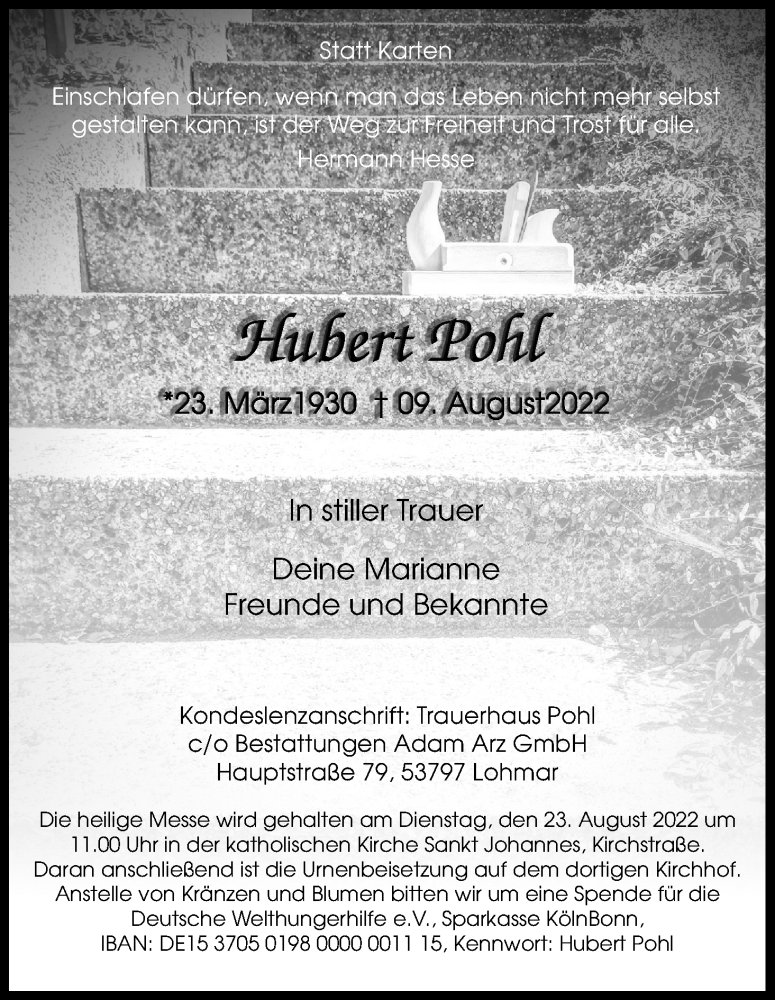  Traueranzeige für Hubert Pohl vom 20.08.2022 aus Kölner Stadt-Anzeiger / Kölnische Rundschau / Express