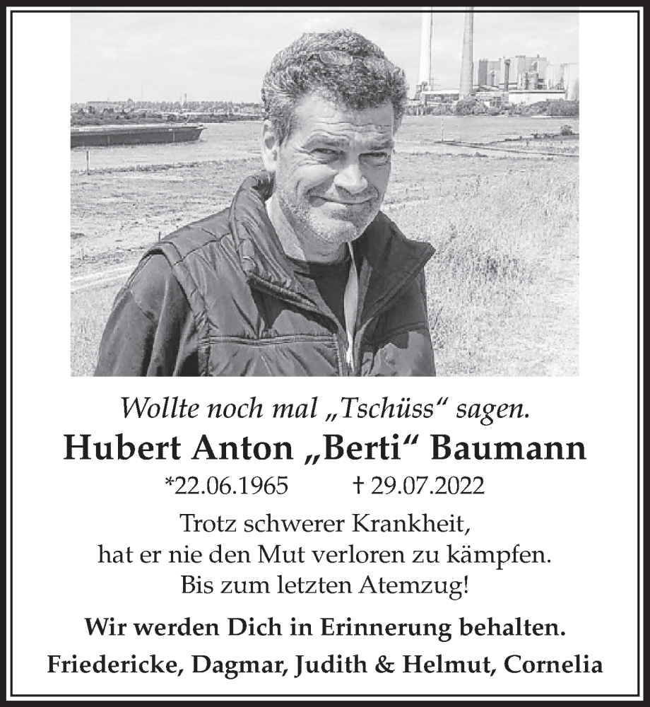  Traueranzeige für Hubert Anton Baumann vom 05.08.2022 aus  Wochenende 