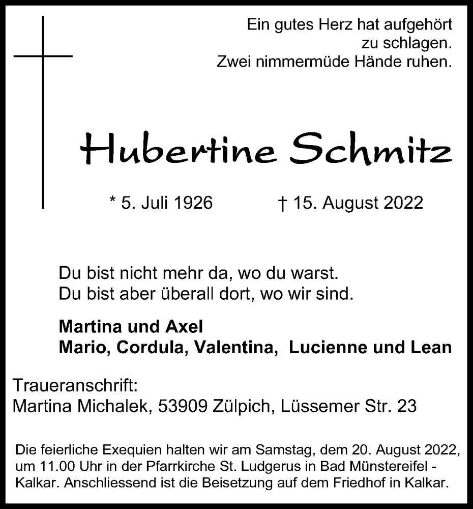  Traueranzeige für Hubertine Schmitz vom 18.08.2022 aus Kölner Stadt-Anzeiger / Kölnische Rundschau / Express