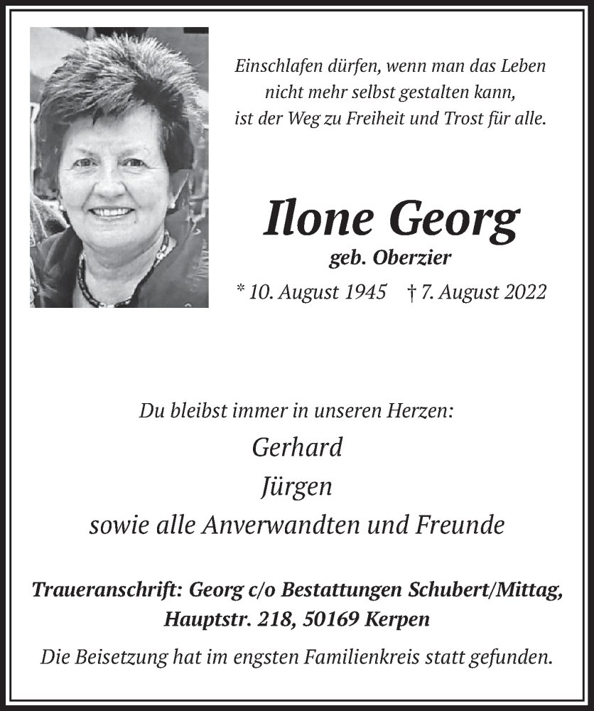  Traueranzeige für Ilone Georg vom 19.08.2022 aus  Wochenende 