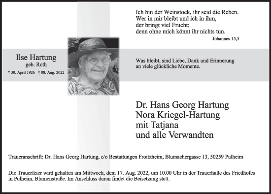 Anzeige von Ilse Hartung von  Wochenende 