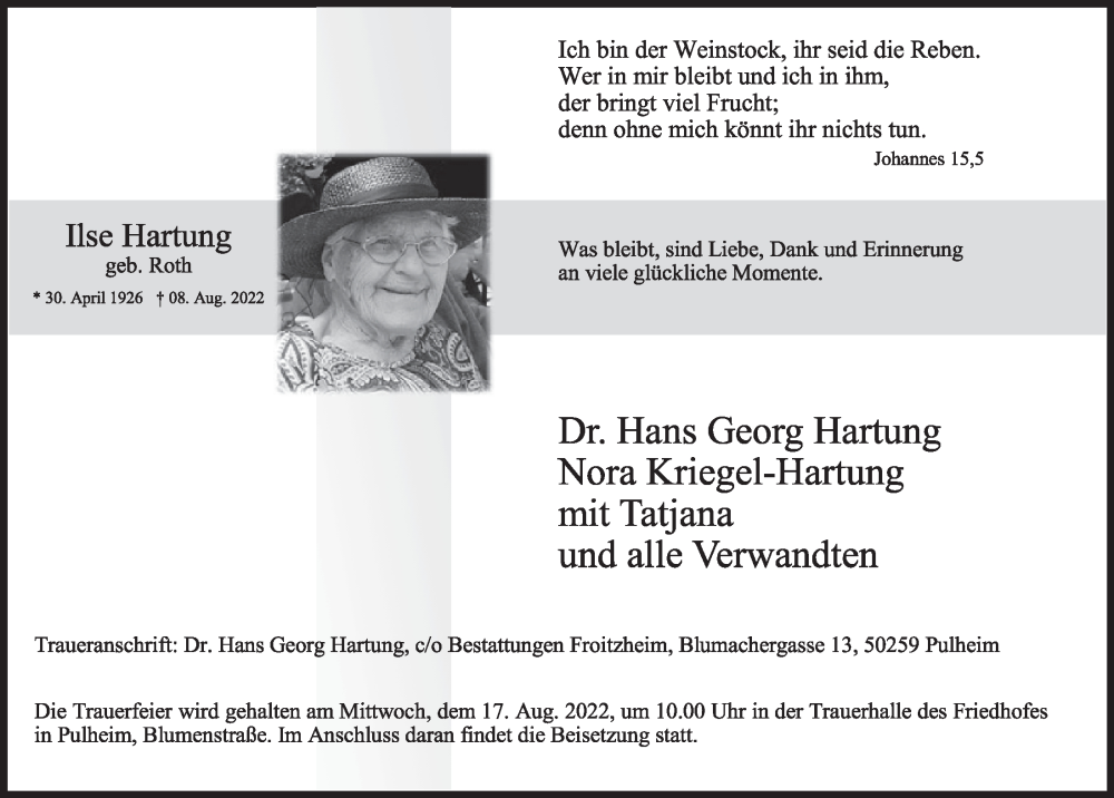  Traueranzeige für Ilse Hartung vom 12.08.2022 aus  Wochenende 