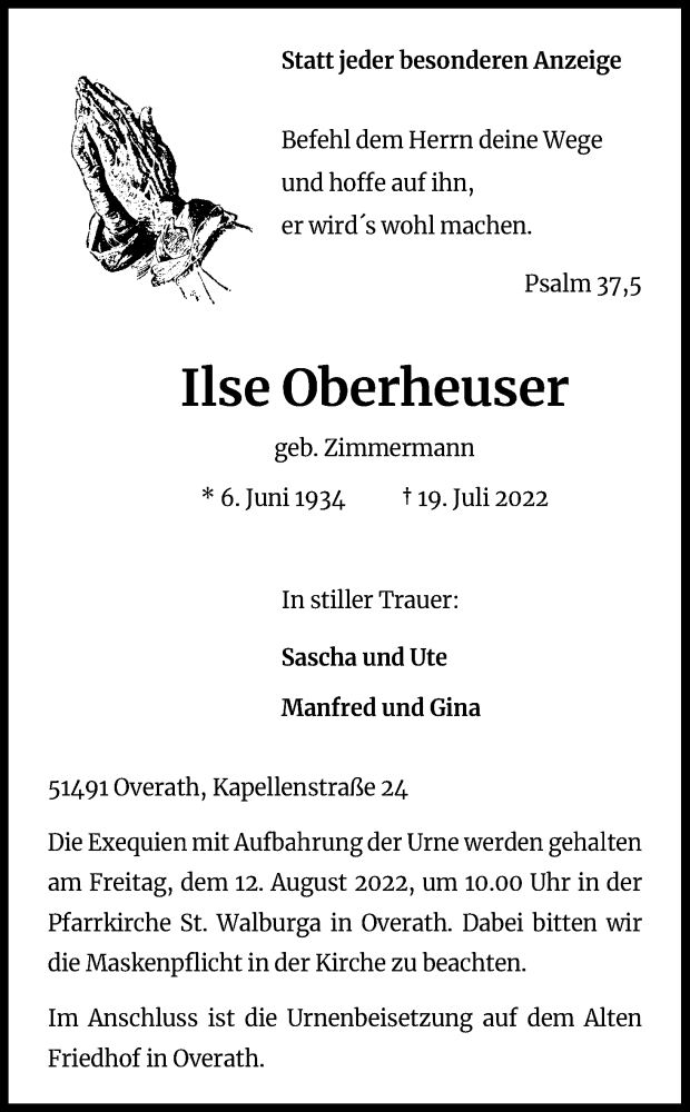  Traueranzeige für Ilse Oberheuser vom 06.08.2022 aus Kölner Stadt-Anzeiger / Kölnische Rundschau / Express