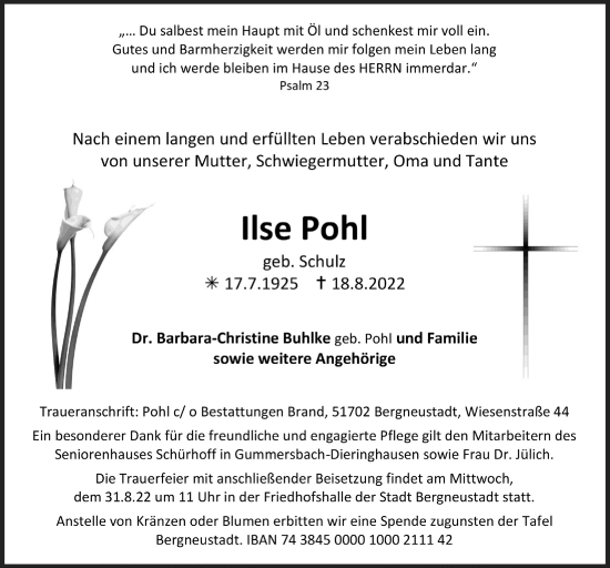 Anzeige von Ilse Pohl von  Anzeigen Echo 