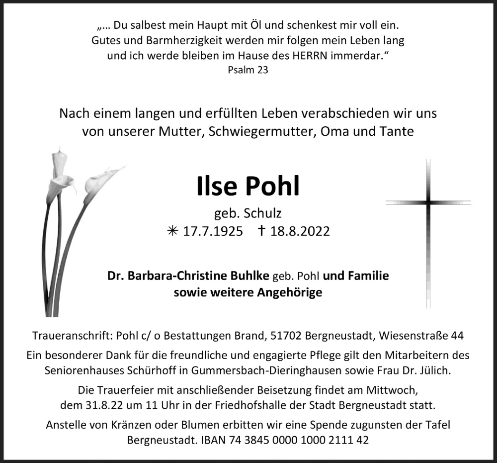  Traueranzeige für Ilse Pohl vom 26.08.2022 aus  Anzeigen Echo 