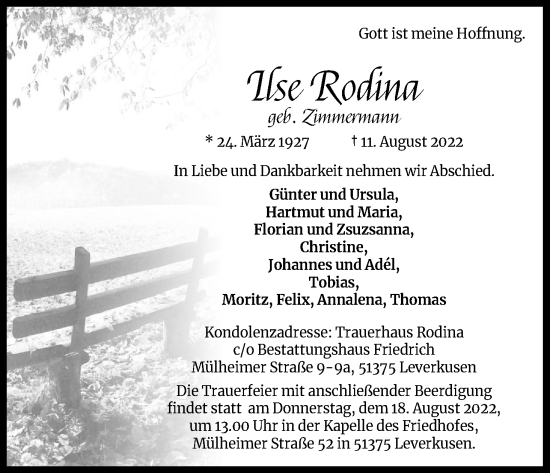 Anzeige von Ilse Rodina von Kölner Stadt-Anzeiger / Kölnische Rundschau / Express
