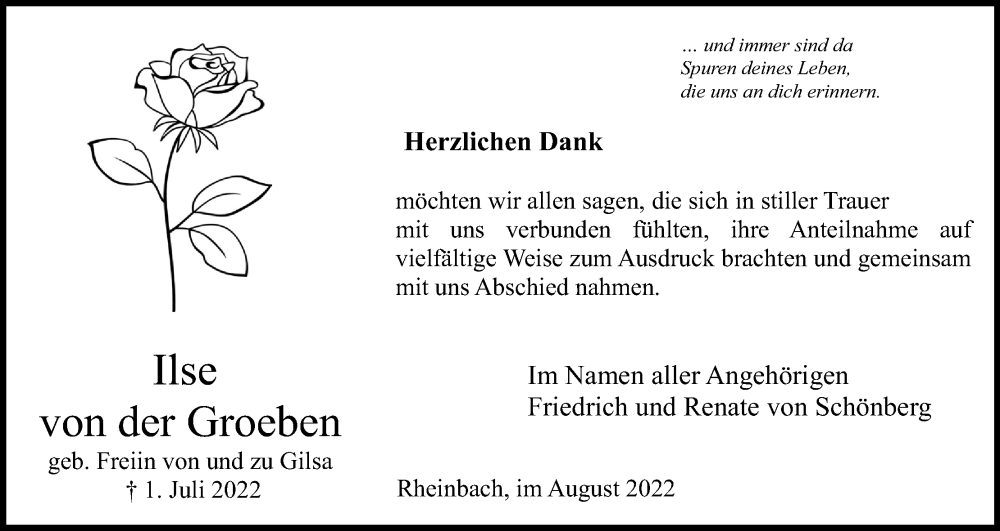  Traueranzeige für Ilse von der Groeben vom 20.08.2022 aus Kölner Stadt-Anzeiger / Kölnische Rundschau / Express
