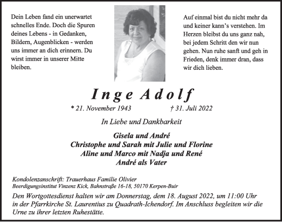 Anzeige von Inge Adolf von  Werbepost 