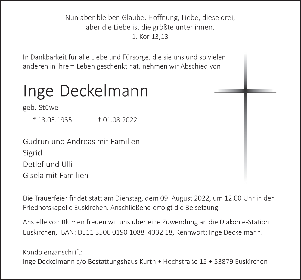  Traueranzeige für Inge Deckelmann vom 06.08.2022 aus  Blickpunkt Euskirchen 