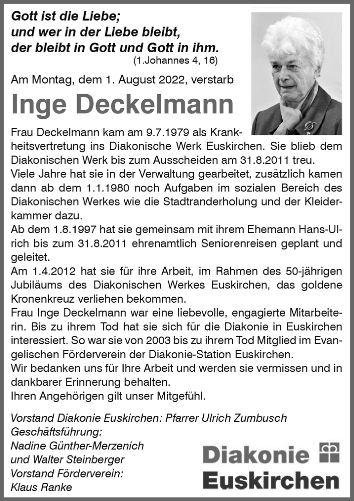  Traueranzeige für Inge Deckelmann vom 13.08.2022 aus  Blickpunkt Euskirchen 