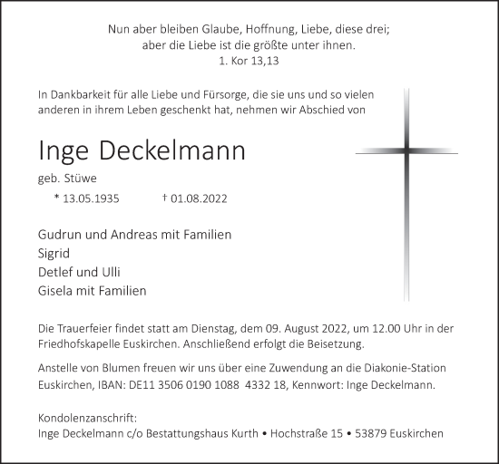 Anzeige von Inge Deckelmann von  Blickpunkt Euskirchen 