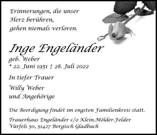 Anzeige von Inge Engeländer von Kölner Stadt-Anzeiger / Kölnische Rundschau / Express