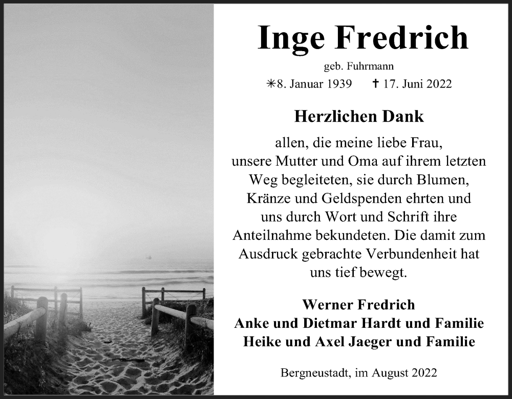  Traueranzeige für Inge Fredrich vom 13.08.2022 aus Kölner Stadt-Anzeiger / Kölnische Rundschau / Express