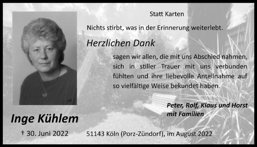  Traueranzeige für Inge Kühlem vom 12.08.2022 aus  EXPRESS - Die Woche 