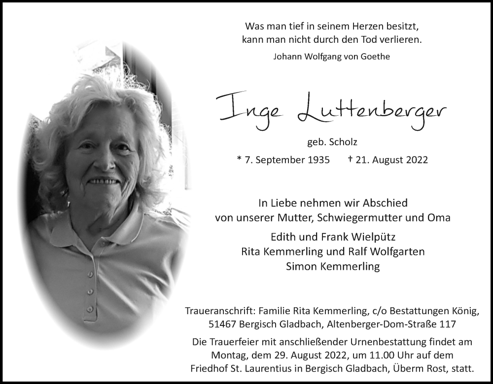  Traueranzeige für Inge Luttenberger vom 27.08.2022 aus Kölner Stadt-Anzeiger / Kölnische Rundschau / Express