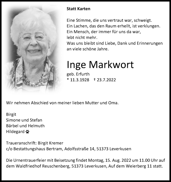 Anzeige von Inge Markwort von Kölner Stadt-Anzeiger / Kölnische Rundschau / Express