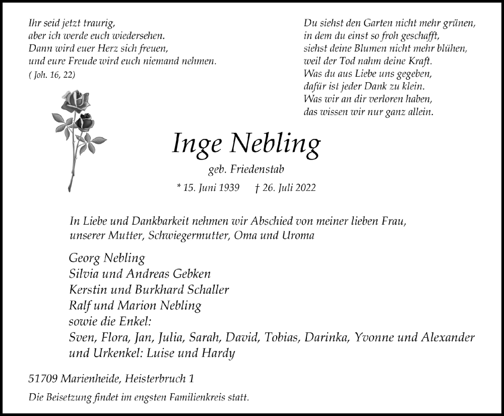  Traueranzeige für Inge Nebling vom 04.08.2022 aus Köln - Wir Trauern
