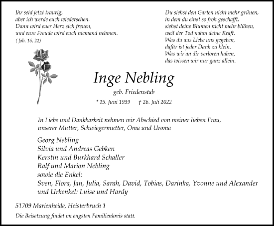 Anzeige von Inge Nebling von Köln - Wir Trauern